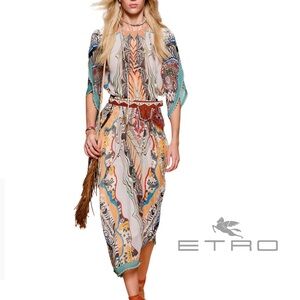ETRO new Rare Boho Printed Slip Dress with Asymmetrical Beaded Tiers NWOT